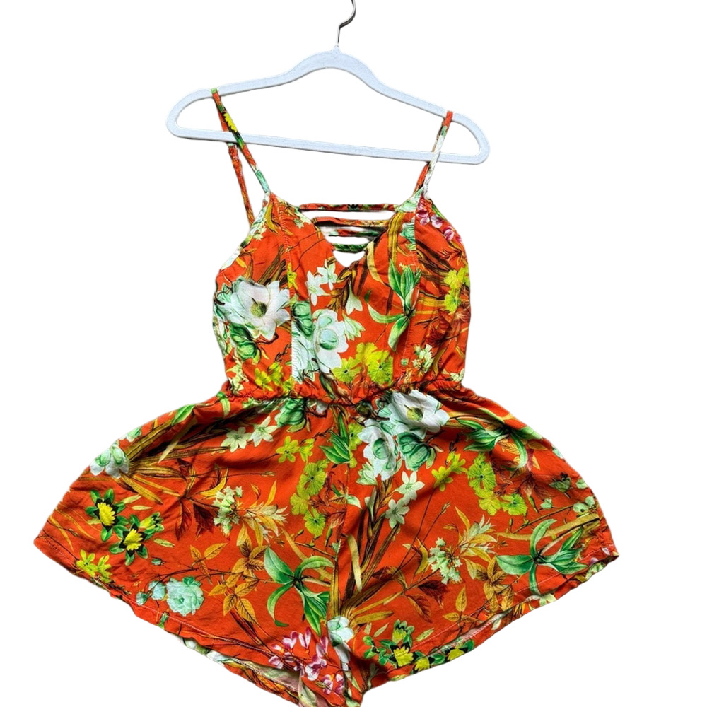Yurari Tropical Floral Orange Women's Romper Size L Beach Resortwear Summer - Picture 2 of 11
